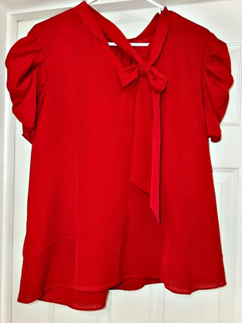 BTFBM Pleated Short Puff Sleeve Blouse Red Medium